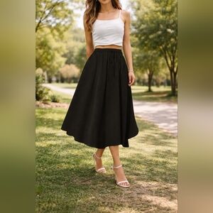 Black Flowy Midi Skirt Womens Size M Drawstring Waist Pockets Casual Chic